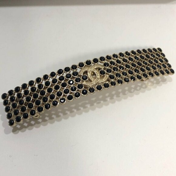 CHANEL CC Logo Black Rhinestone Hair Clip Hairpin Barrette Gold Tone B23S Auth - Picture 1 of 8